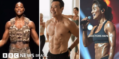 Legenda da foto, Uma foto de três instrutores de fitness com IA que a BBC identificou