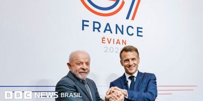 Legenda da foto, Lula fez sua primeira reunião bilateral às margens do G7 com Emmanuel Macron, ...