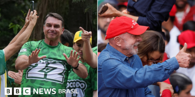 Legenda da foto, Flávio Bolsonaro encerrou sua campanha em ato no Rio de Janeiro; Lula fez últi...