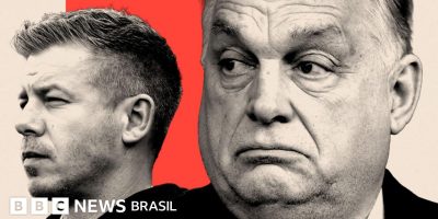 Legenda da foto, Montagem com Peter Magyar, à esquerda, e Viktor Orbán, à direita