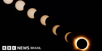 Legenda da foto, Mostagem com fotos em diferentes momentos mostra eclipse acontecendo em Arija, E...